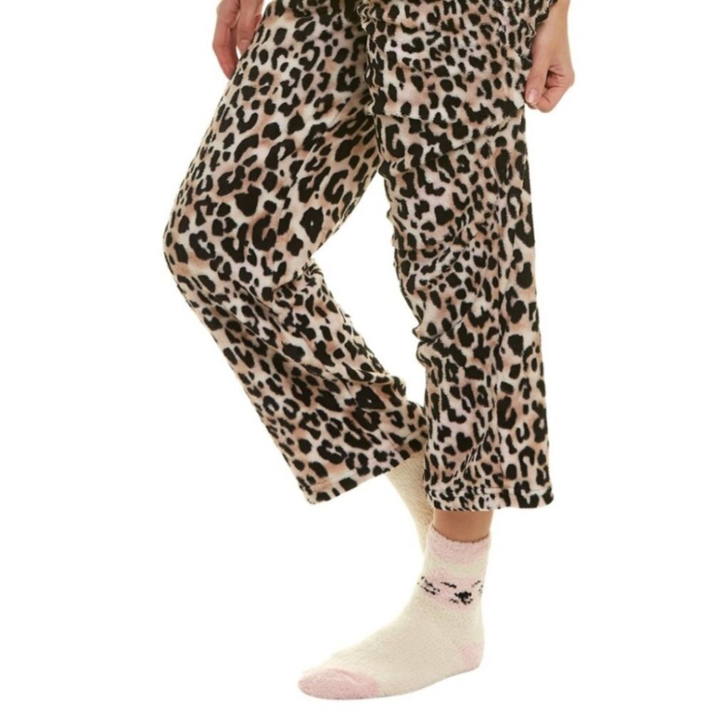 NWT 2 pc Rene Rofe Pillow Talk Cozy Toesie Leopard Plush Lounge Pant Socks XL